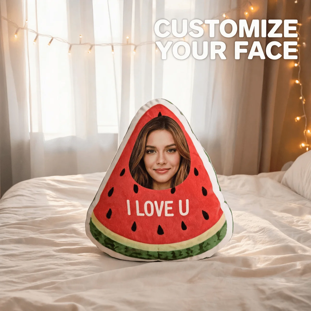Custom Photo Watermelon Shaped Pillow, Personalized Face I Love U Design Decorative Cushion, Creative Gift for Girlfriend Wife P