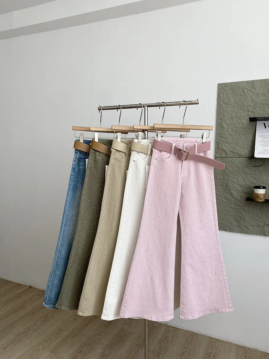 

American Retro Design Rhinestone Denim Pants Women's High Waist Slimming Commute Micro Flared Trendy Spring New Style