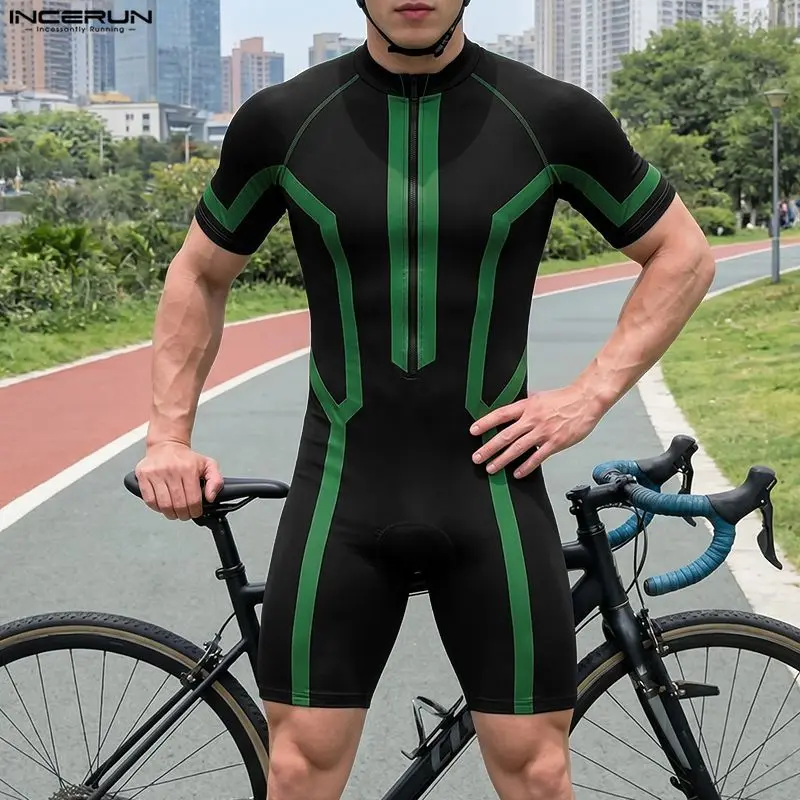 INCERUN Men's Rompers Patchwork Color-block Zipper Short Sleeve Male Bodysuits Workout Fashion Casual Playsuits Men Bodybuilding