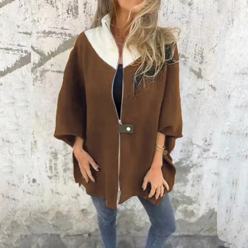 Chaqueta holgada informal con cuello levantado y media cremallera para mujer