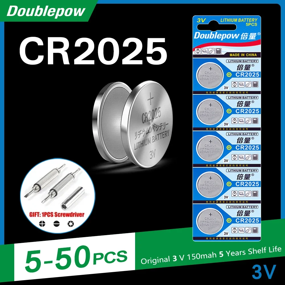 Doublepow 150mAh CR2025 3V Lithium Button Cell Coin Battery Cell Batteries Long Lasting For Watches Car Remote Control Keys