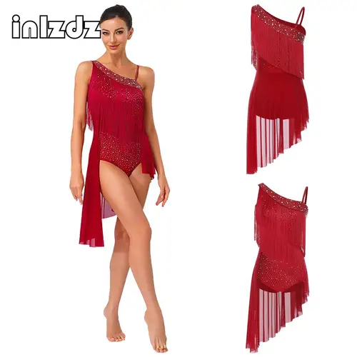 Imagen 2 del producto Vestido de baile de Tango latino con borlas para mujer, traje de baile Cha-cha con hombros asimétricos y diamantes de imitación que se puede abrir en la entrepierna