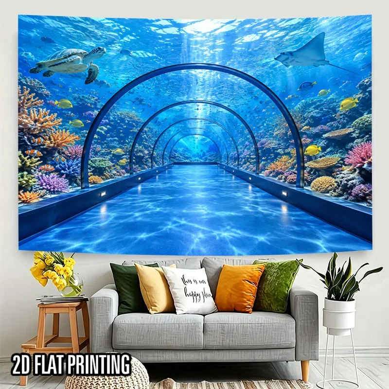 Underwater Aquarium Tunnel Tapestry, Coral Turtle Stingray Fish Wall Hanging for Bedroom Dorm Living Room Ocean Home Decor Cloth