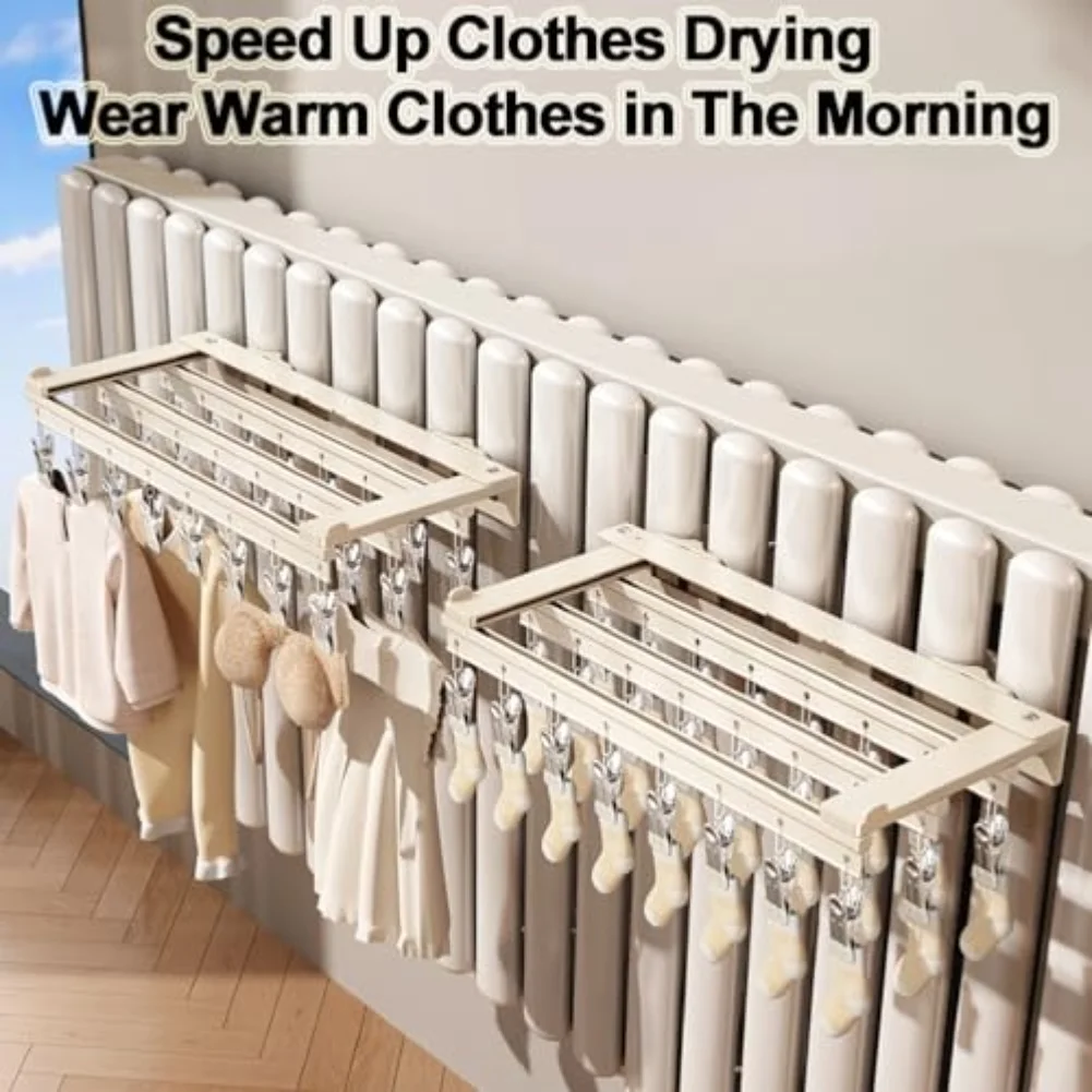 18 Clips Radiator Drying Rack Foldable Stainless Steel Sock and Underwear Holder Space Saving Design for Heater Use