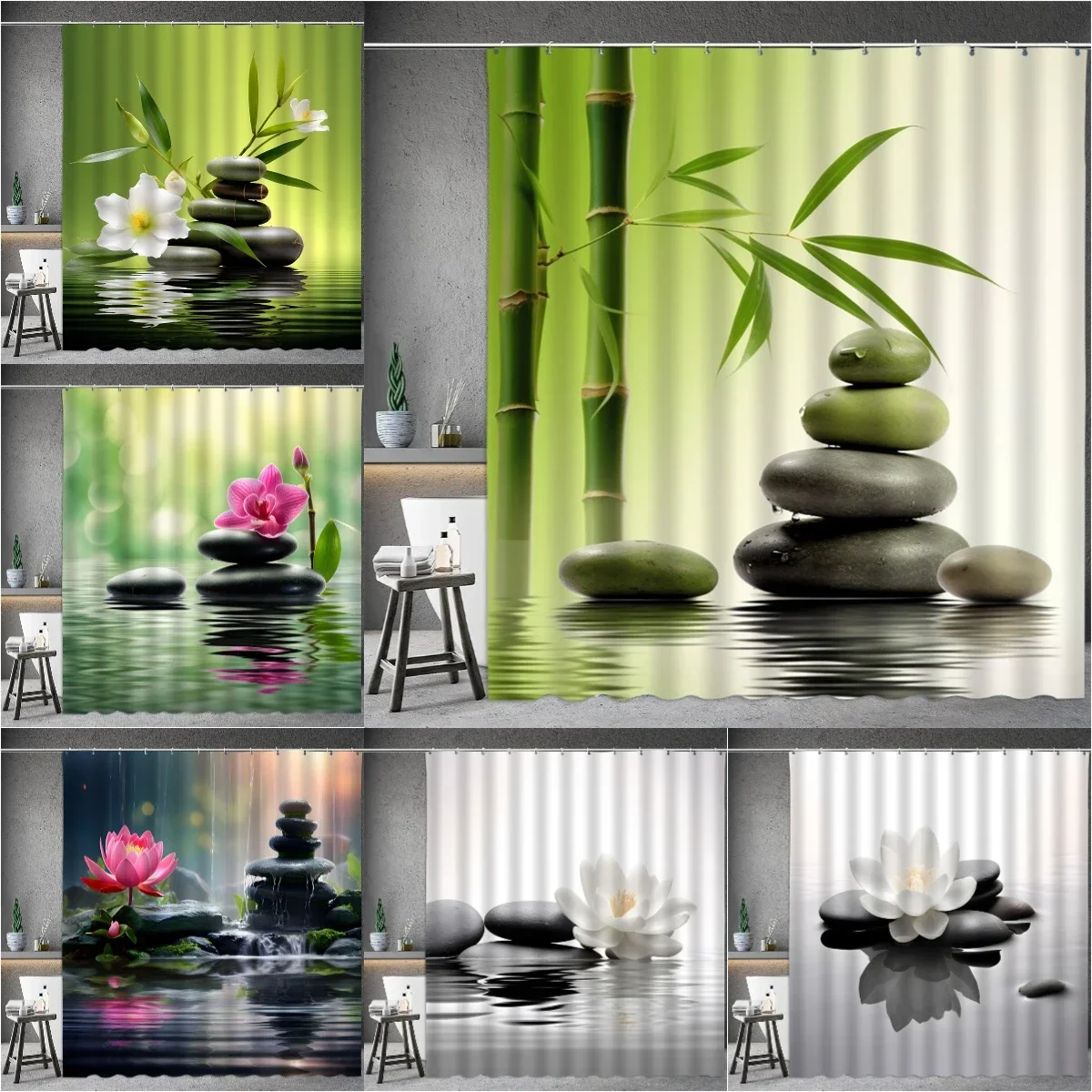 Black Stone Tower Zen Shower Curtain, Spa Decor Lotus Purple Orchid Flower and Bamboo, Cloth Fabric Bathroom Decor Accessory S