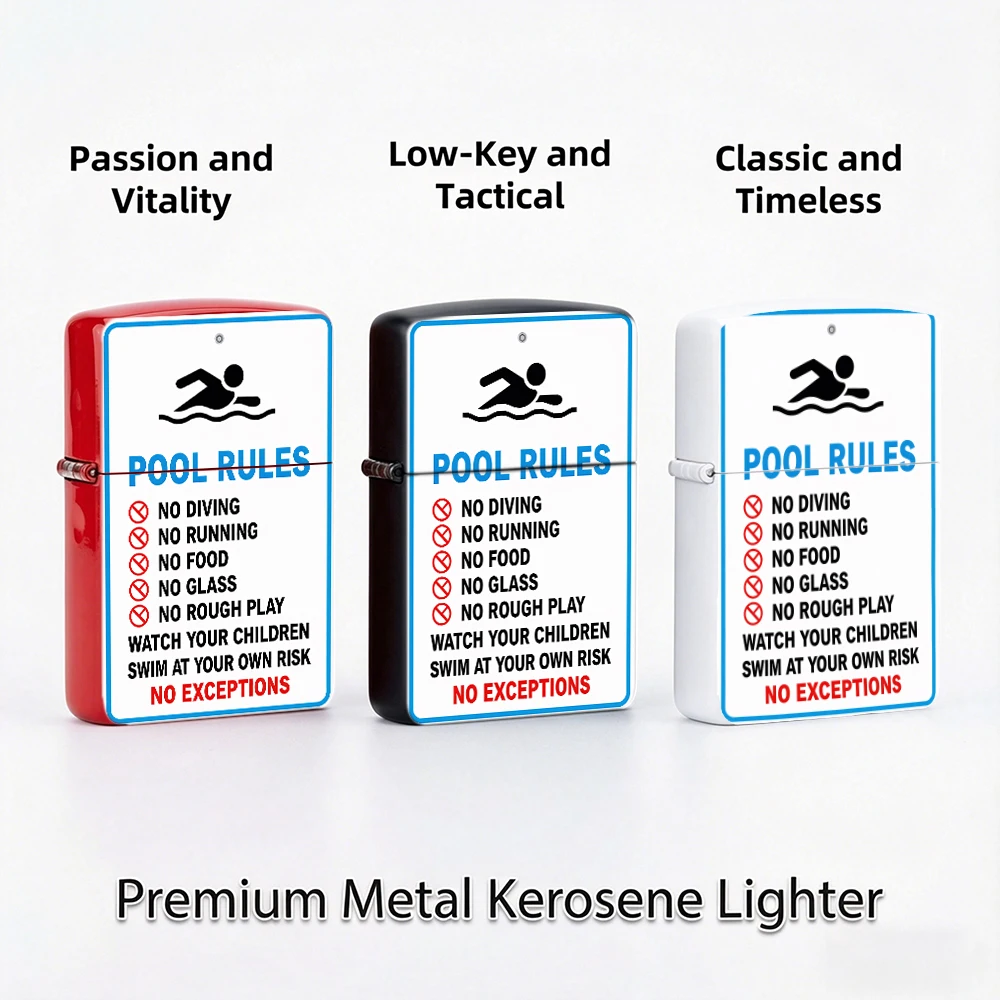 Flip Top Lighter Pool Rules Swimming Safety Sign Text Pattern lighters vintage lighters for smokers Swimming Style Collectible