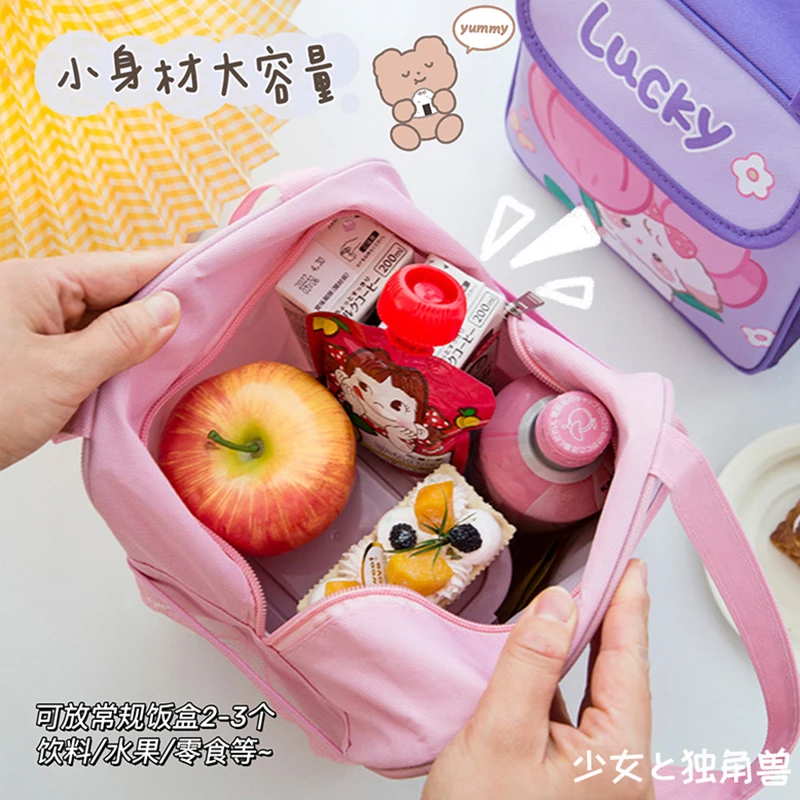 Kawaii Portable Thermal Lunch Box Bags for Kids Cartoon Pink Food Storage Handbags Cute Meal Pouch Insulated Cooler Bento Bag