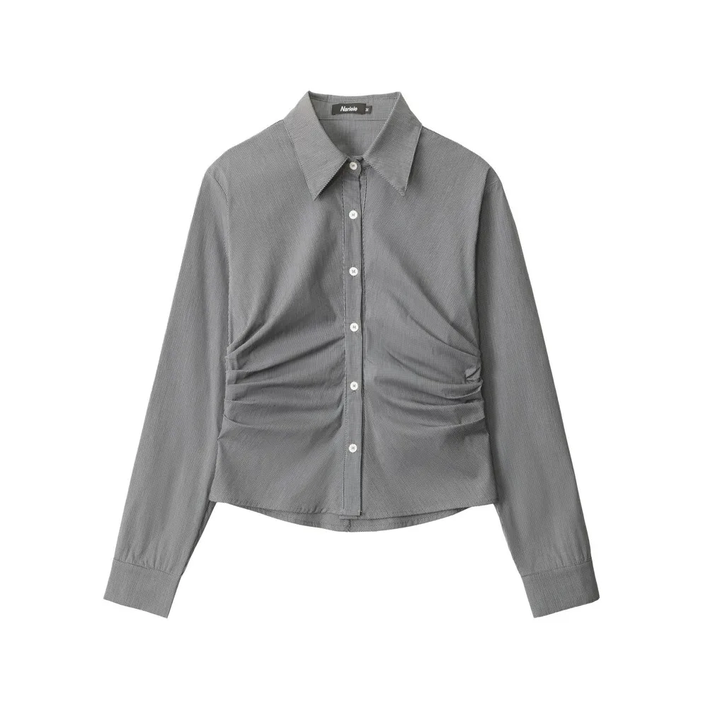 

Office Ladies Elegant Designer Folds Waist Fit Casula Shirts Blouse Streetwear Aloha Button Tops for Women Girls Winter Spring