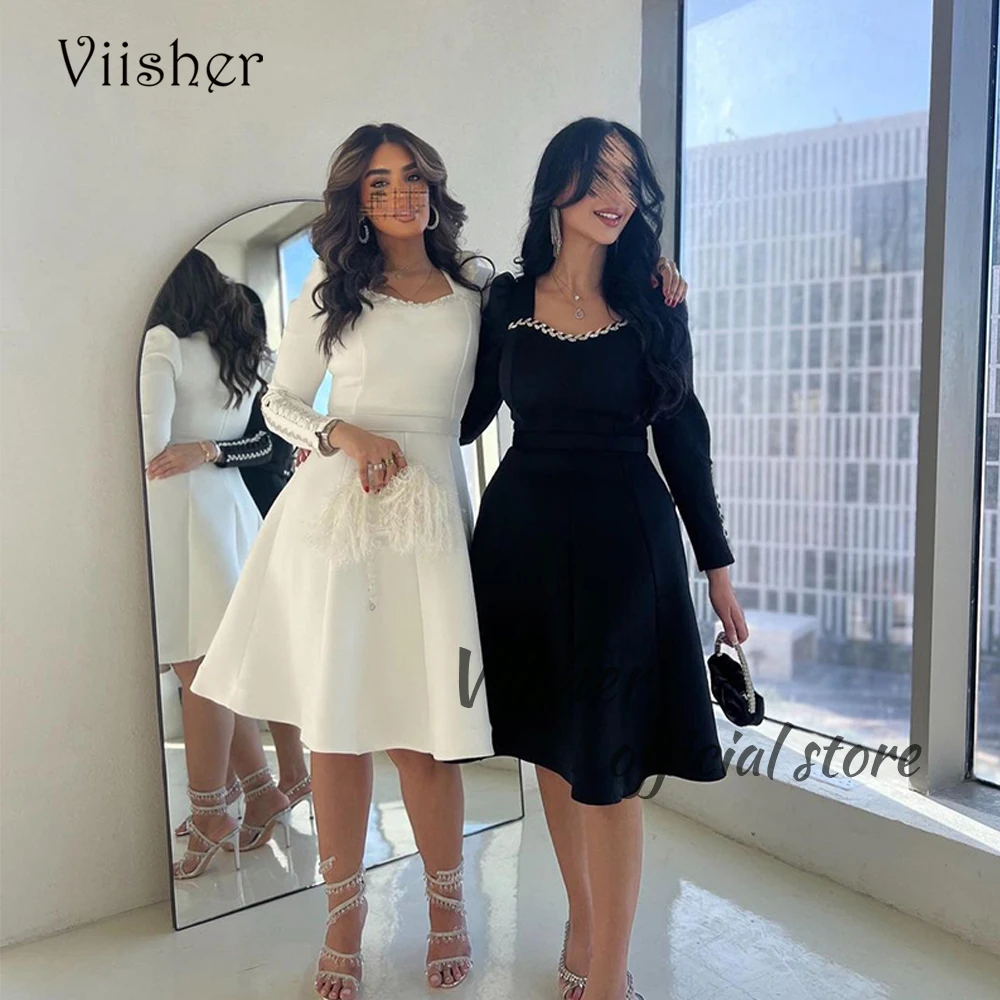 

Viisher Black White Evening Dresses Long Sleeve Suare Neck Arabian Prom Dress Knee Length Formal Occasion Gowns