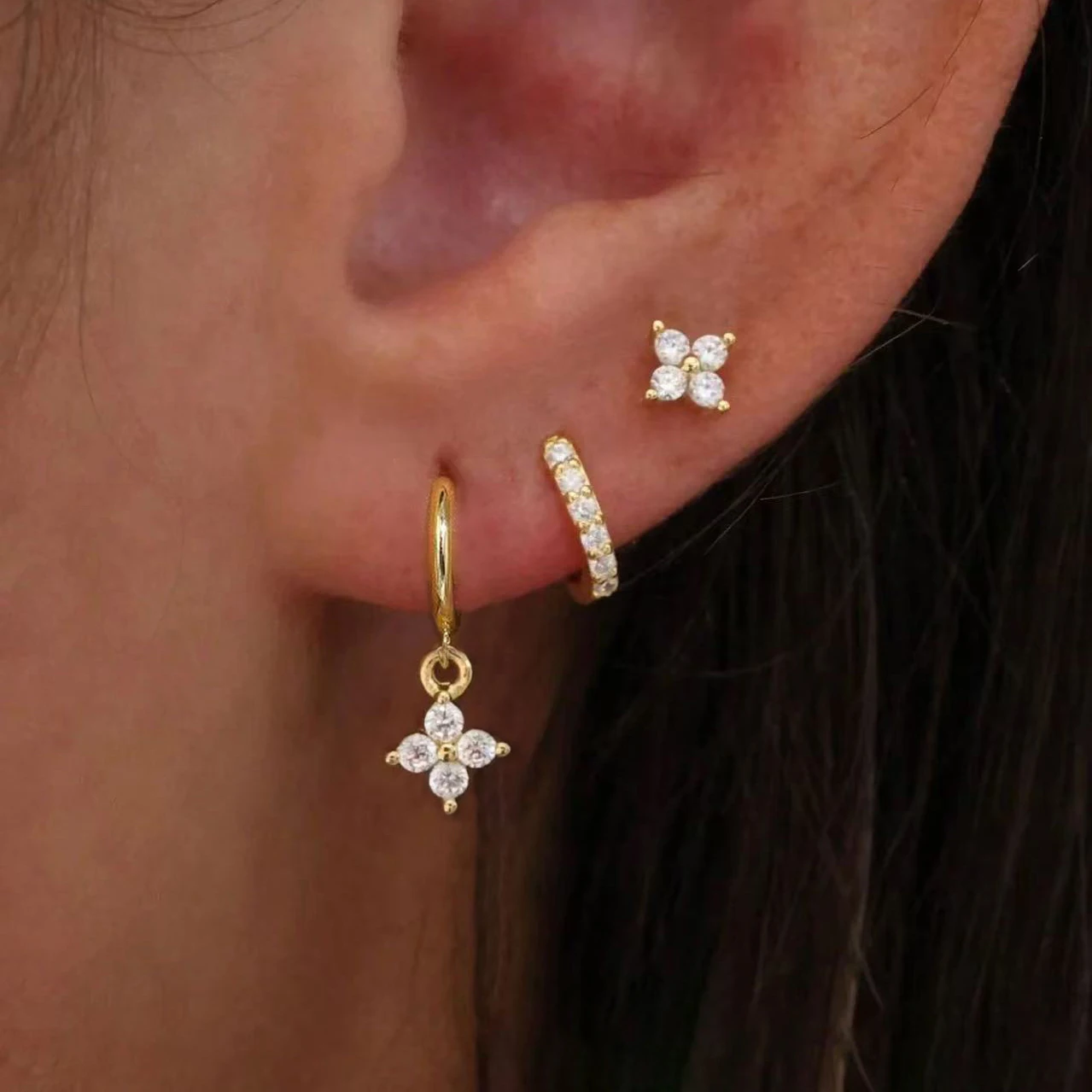 Juego de 3 uds de pendientes de aro de circonio brillante de acero inoxidable coreano para mujer, pendiente Piercing de cartílago geométrico, joyería de moda