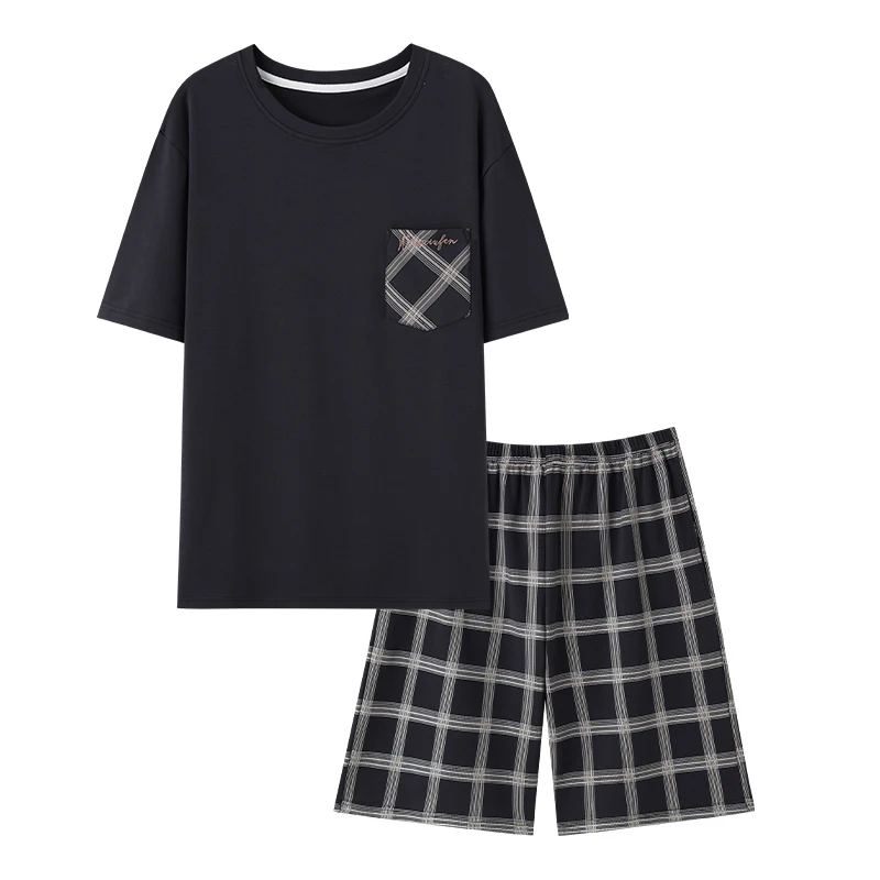 Plus Size M-4XL Männer 100% Baumwolle Pyjama Set Sommer Kurzarm Nachtwäsche Männer lässig Plaid Pyjamas