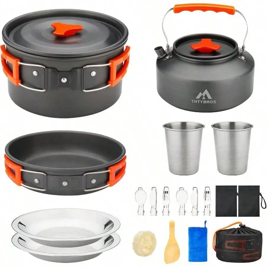 17pcs Camping Cookware Kit, 0.45Gal Pot, 7inches Pan, 0.30Gal Kettle Set With 2 Set Stainless Steel Cups Plates Forks Knives Spo