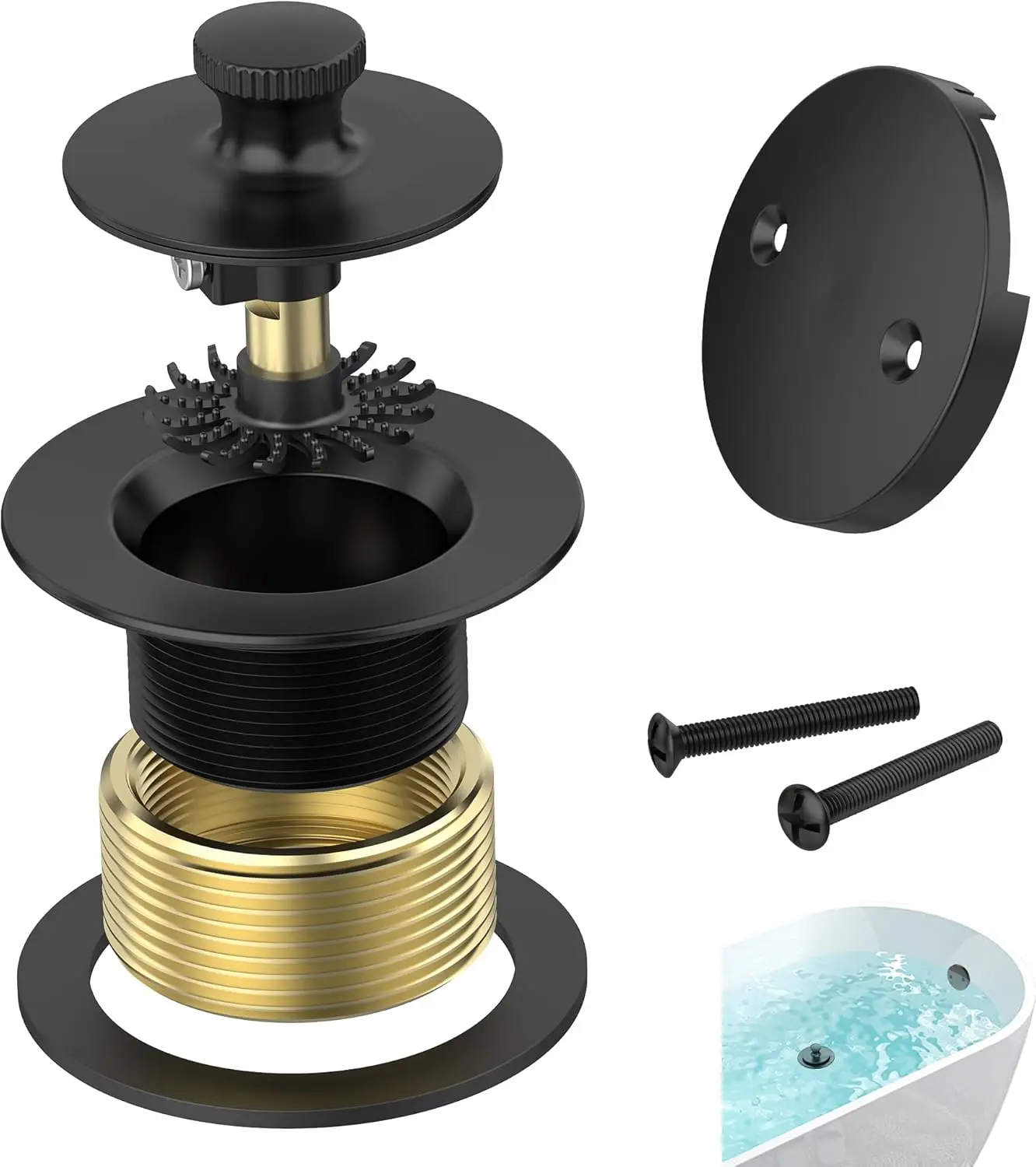 

Matte Black Bathtub Drain with Hair Catcher and Overflow Faceplate, 11.5/16 UNC Lift-Turn Replacement Stopper