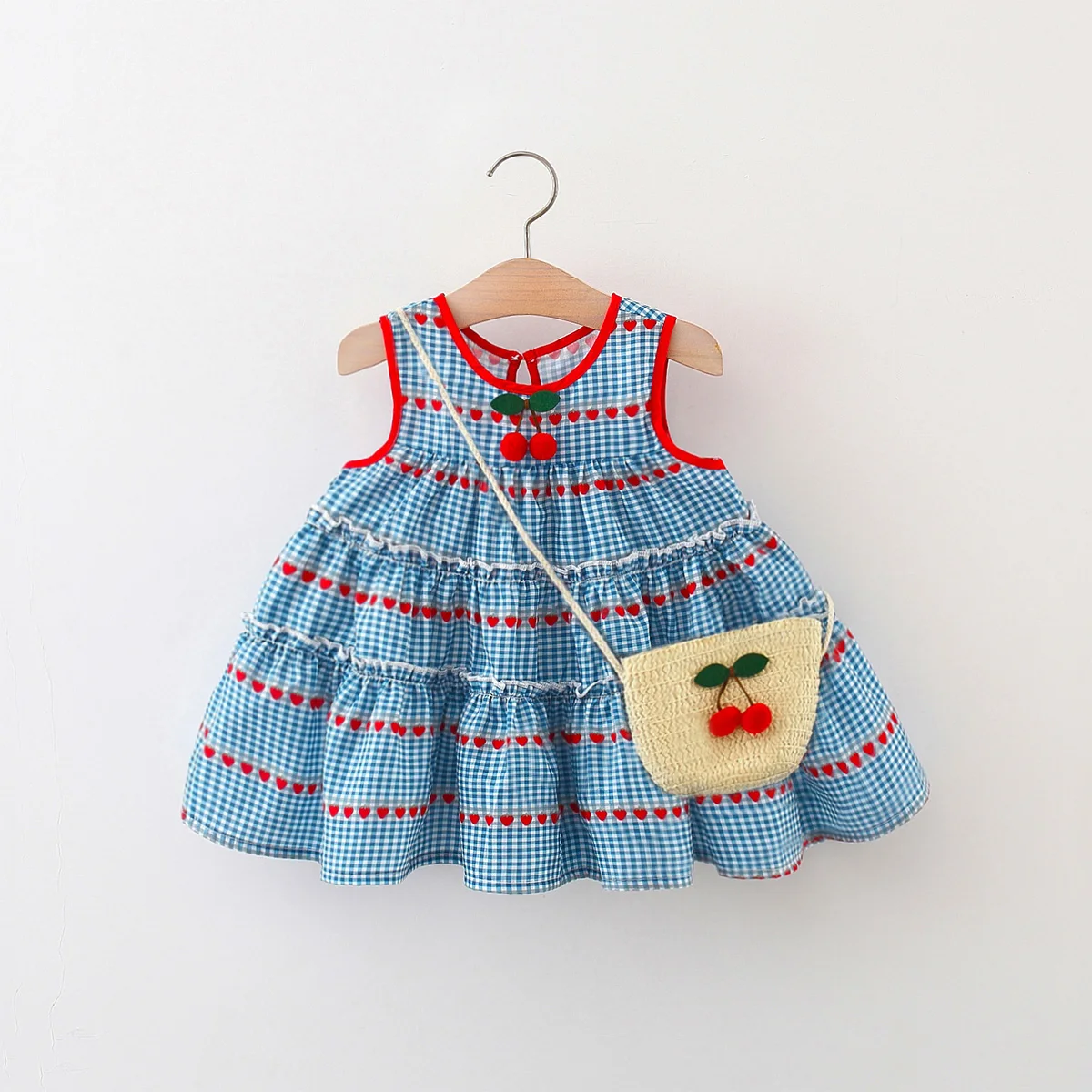 2 Pcs Baby Girl\'s New Summer Dress with Sleeveless Round Neck Plaid Heart Cherry Cotton Skirt and Diagonal Cross Bag Included