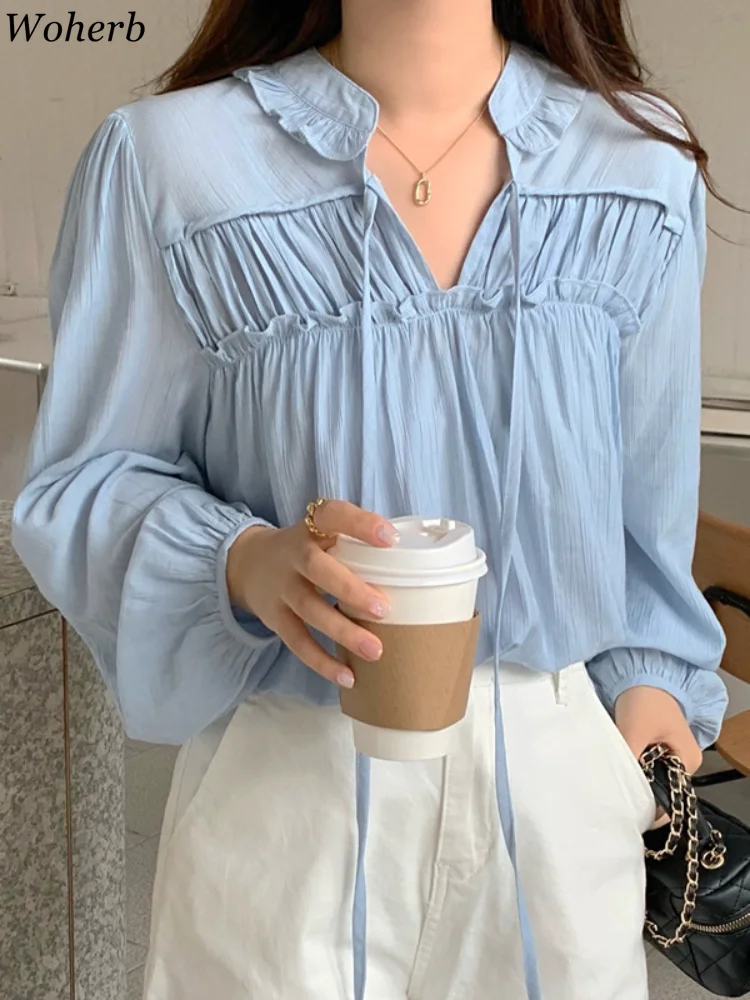 Woherb 2024 Blusas Mujer Korean Chic White Blouse for Women V Neck Sweet Ruffles Shirts Long Sleeve Loose Elegant Blouses Tops