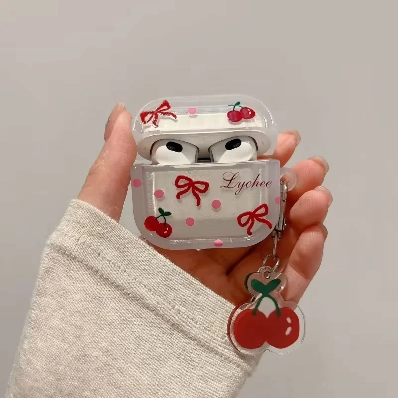 Funda protectora coreana con diseño de lazo y cereza para auriculares AirPods de 4ª y 3ª generación, carcasa de silicona para Apple Airpods Pro 2 y 1 con colgante de cereza