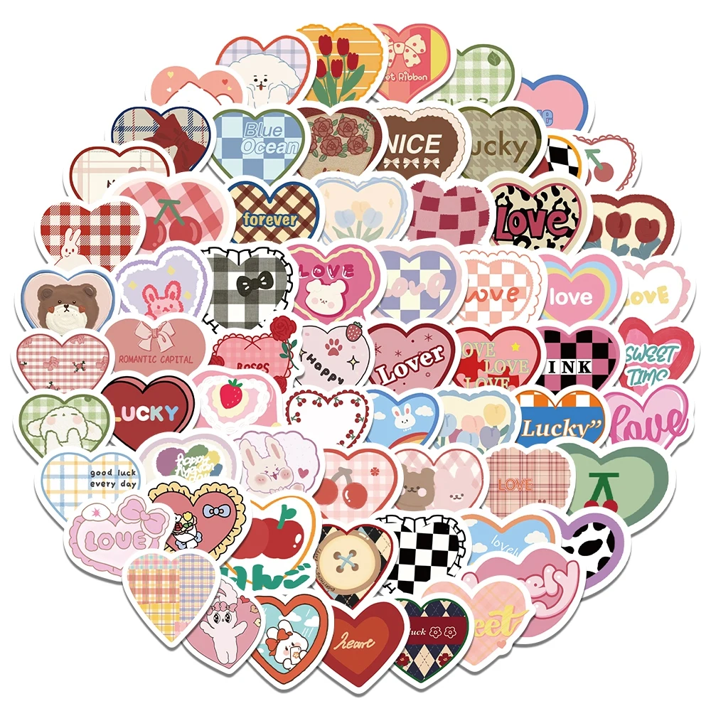 100PCS Cute Cartoon Love Heart Stickers Kawaii Candy Colors Stickers Scrapbooking Diary Stickers School Office Stationery