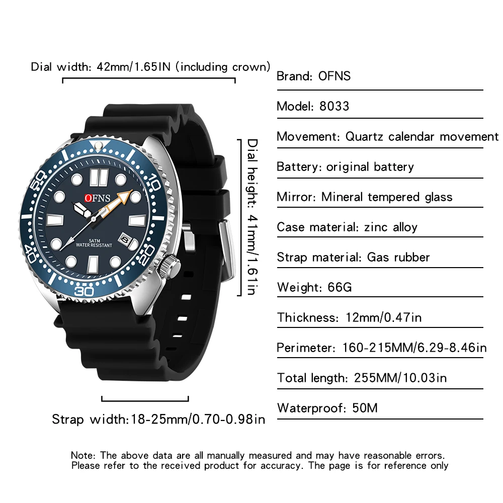MOD メンズクオーツ時計 OFNS 8033 New Quartz Watch Men's Simple Waterproof Night Light