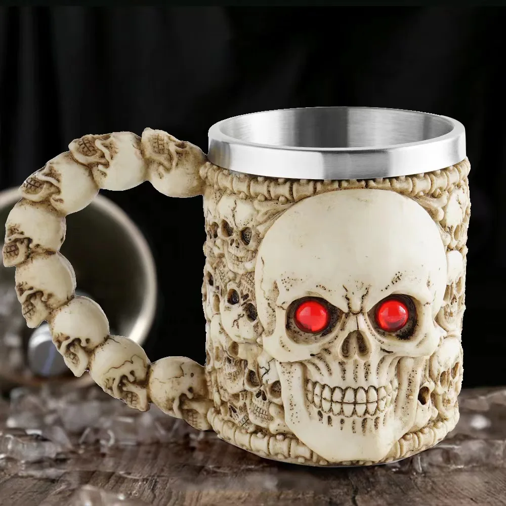 Taza de cerveza de acero inoxidable de resina de calavera gótica, jarra de dragón y Caballero, taza de café de Halloween, taza de té de Navidad, decoración de Pub y Bar