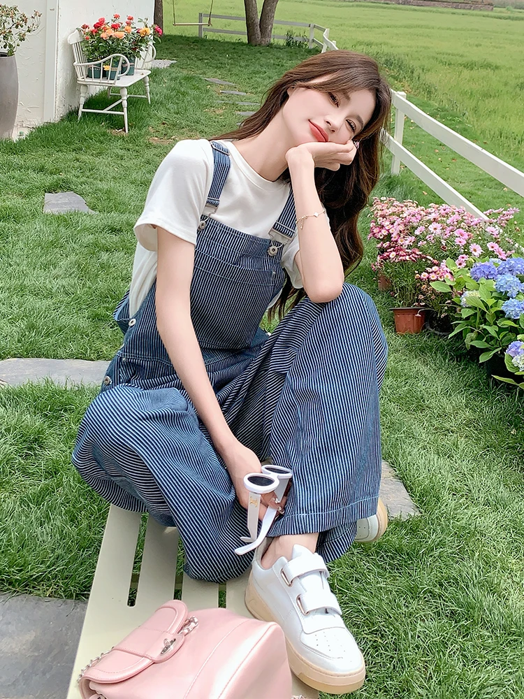 

Trendy College Style Striped Denim Overalls Women Summer New Arrival Petite Sweet Girl High Waist Straight Leg Jeans Romper