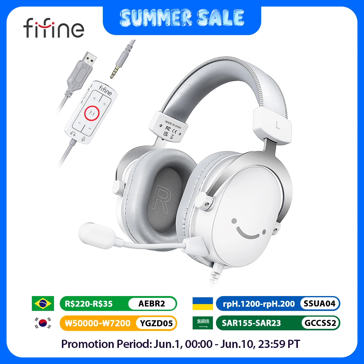 FIFINE – casque de jeu USB avec son Surround 7.1/prise 3.5mm/Microphone, casque filaire sur l'oreille pour PC PS4/5 Xbox Ampligame H9W
