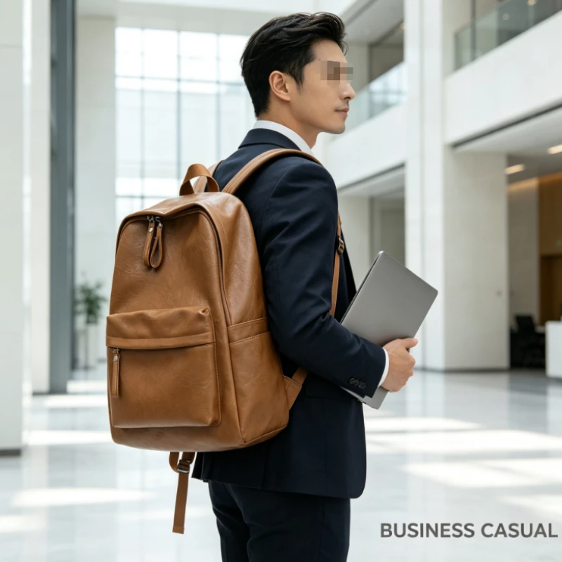 Brown Faux Leather Backpack with Front Pocket & Zip Pulls for School Travel Daily Use Vintage Style Bag