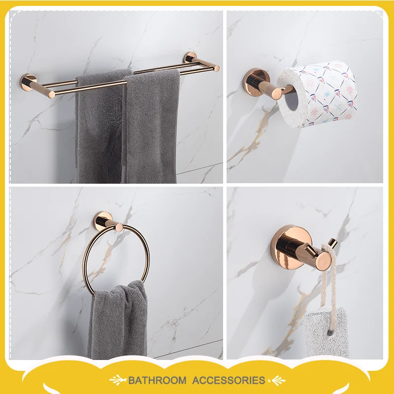Luxury Stainless Steel Double Towel Bar Towel Rack Robe Hook Tissue Holder Sets  Rose Gold Bathroom Accessories Hardware