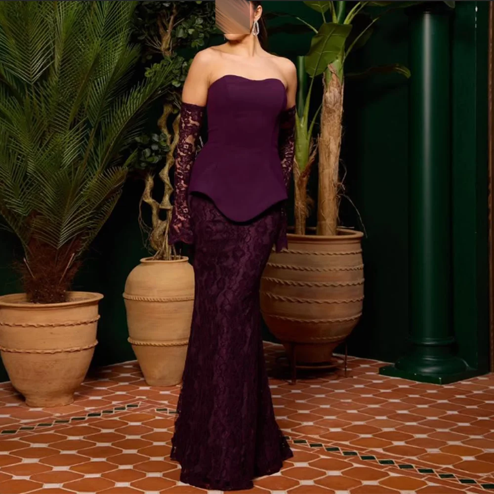 

Customized Strapless Formal Evening Dresses Off The Shoulder Full Sleeve Lace mermaid Prom Gown Backless Long Party Dress