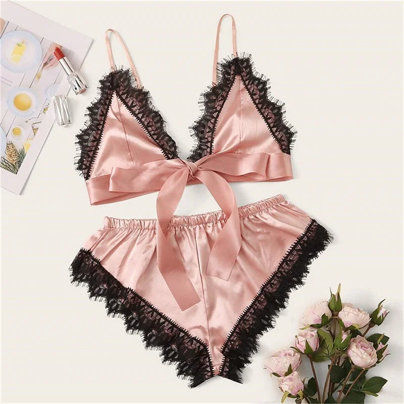 1Set Lingerie Sexy Bra Set Women\'s Sleepwear Sleeveless Strap Lace Trim Satin Cami Tops Pajama Sets Bras Women Brief Sets