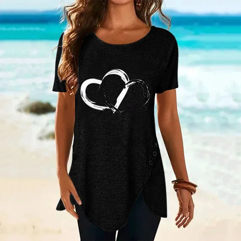 Women's Short-sleeve Heart Printed T-shirt Summer Casual Loose Long Top Tee Shirt Clothing Fashion T Shirt Streewear Oversized image 2