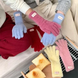 Winter Solid Color Imitation Mink Gloves Women's Soft Plush Warm Knitted Full Finger Gloves Outdoor Touch Screen Riding Mittens