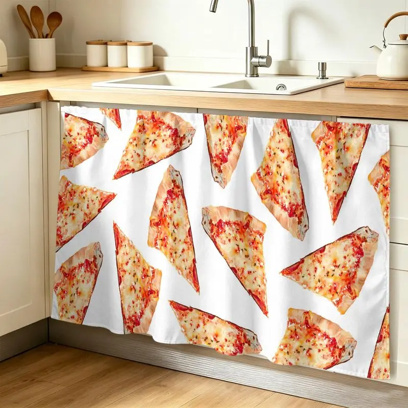 VIKAMA Pizza Slice Cabinet Curtain Food Pattern Print Under Sink Cover For Kitchen Cupboard Dining Room Decor