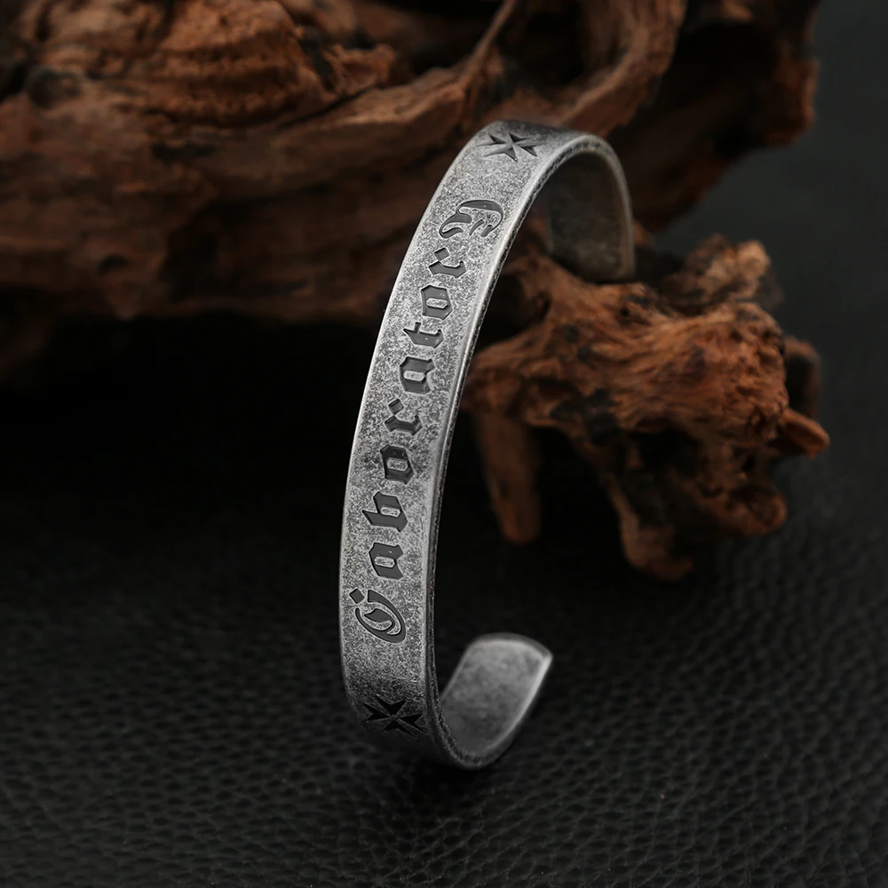 Vintage Black Heart Sutra Mantra Bracelets For Men Stainless Steel Sanskrit Embossed Buddhist Scriptures Bangles Fashion Jewelry