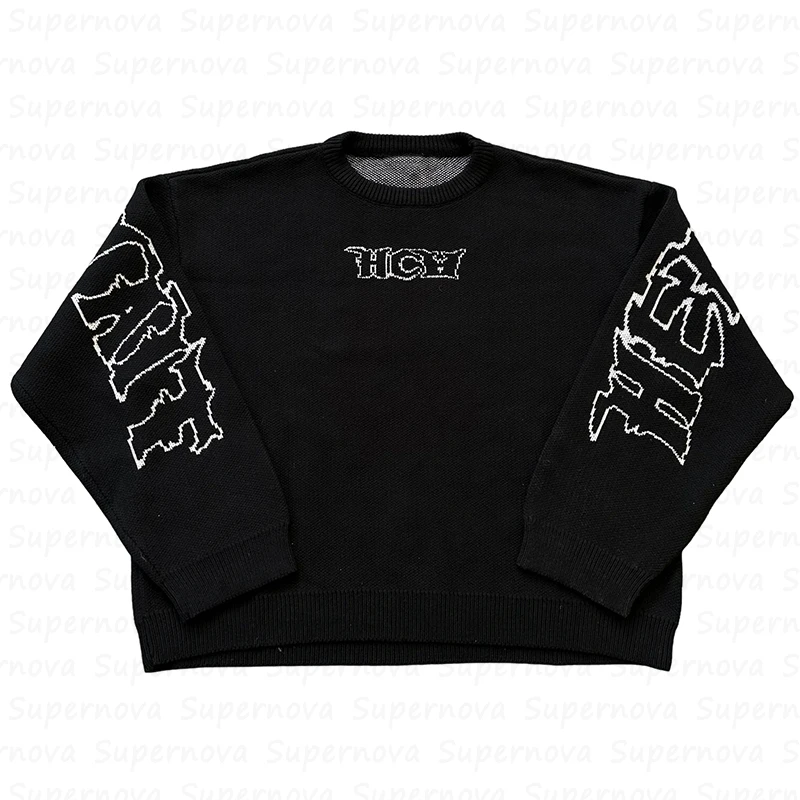 Original retro high street knitted sweaters for men and women with high collars Y2K aesthetic printing loose sweater tops