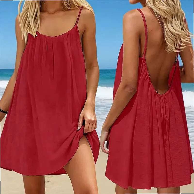 Solid Color Backless Strappy Mini Dress Summer Beach Vacation Dress