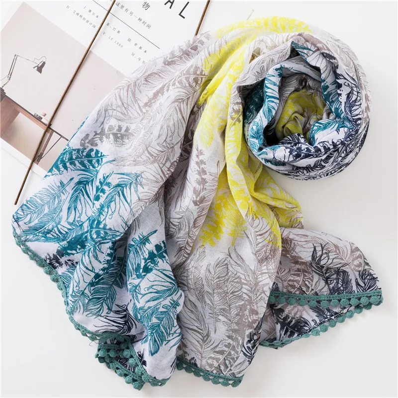 Fashion Feather Pattern Pompon Scarf Shawls Long Viscose Muslim Trim Head Wrap Hijab Muffler