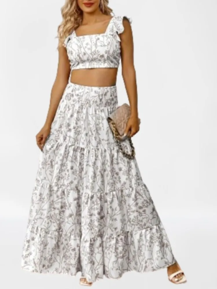 Feminino elegante decote quadrado curto topo impresso saia conjunto de duas peças verão fresco e doce estilo sem mangas umbigo conjunto casual