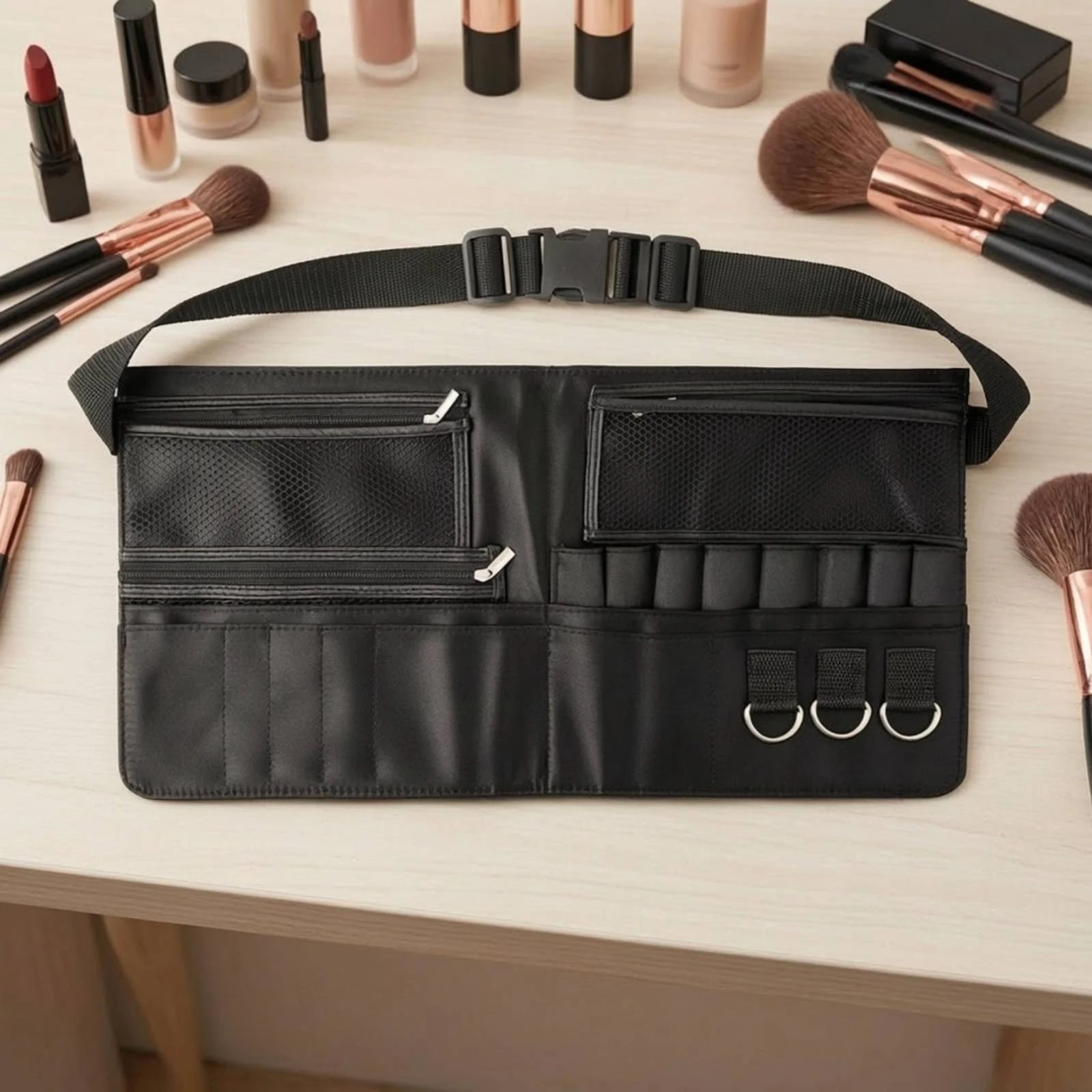 Makeup Brush Belt Bag Multi-Pocket Makeup Brush Belt Apron Lightweight Sturdy for Cosmetologists, Behind-the-Scenes, Travel view 6