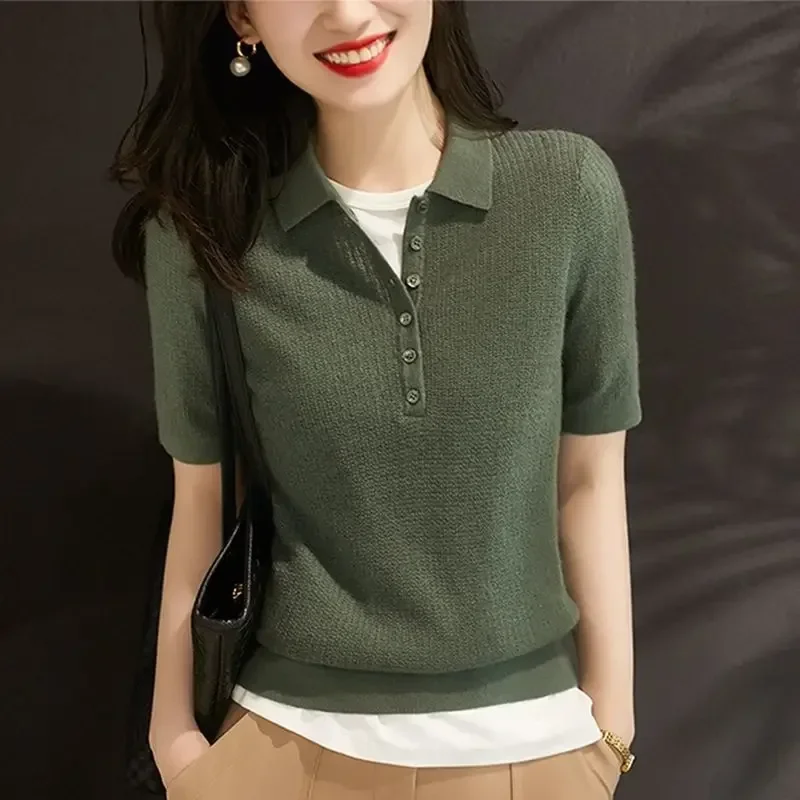 Yellow Polo Neck Shirt Button Knit Pink Women's T Shirts Plain Top Clothes Short Sleeve Tee New Synthetic Aesthetic Summer 2024