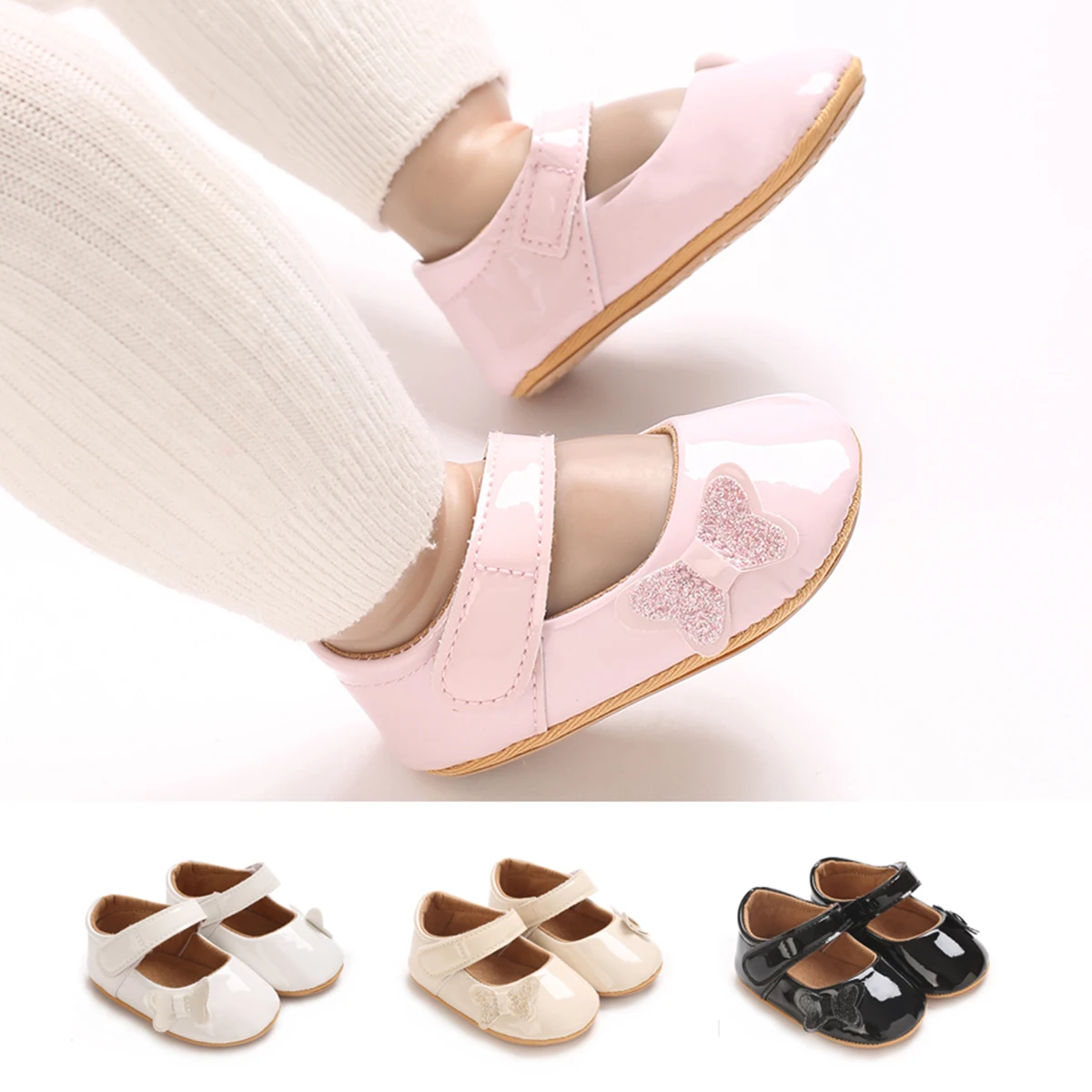 

"Newborn Baby Girls Sparkly Mary Jane Flats | Non-Slip Bowknot Shoes | Infant First Walkers (0-12M)"​