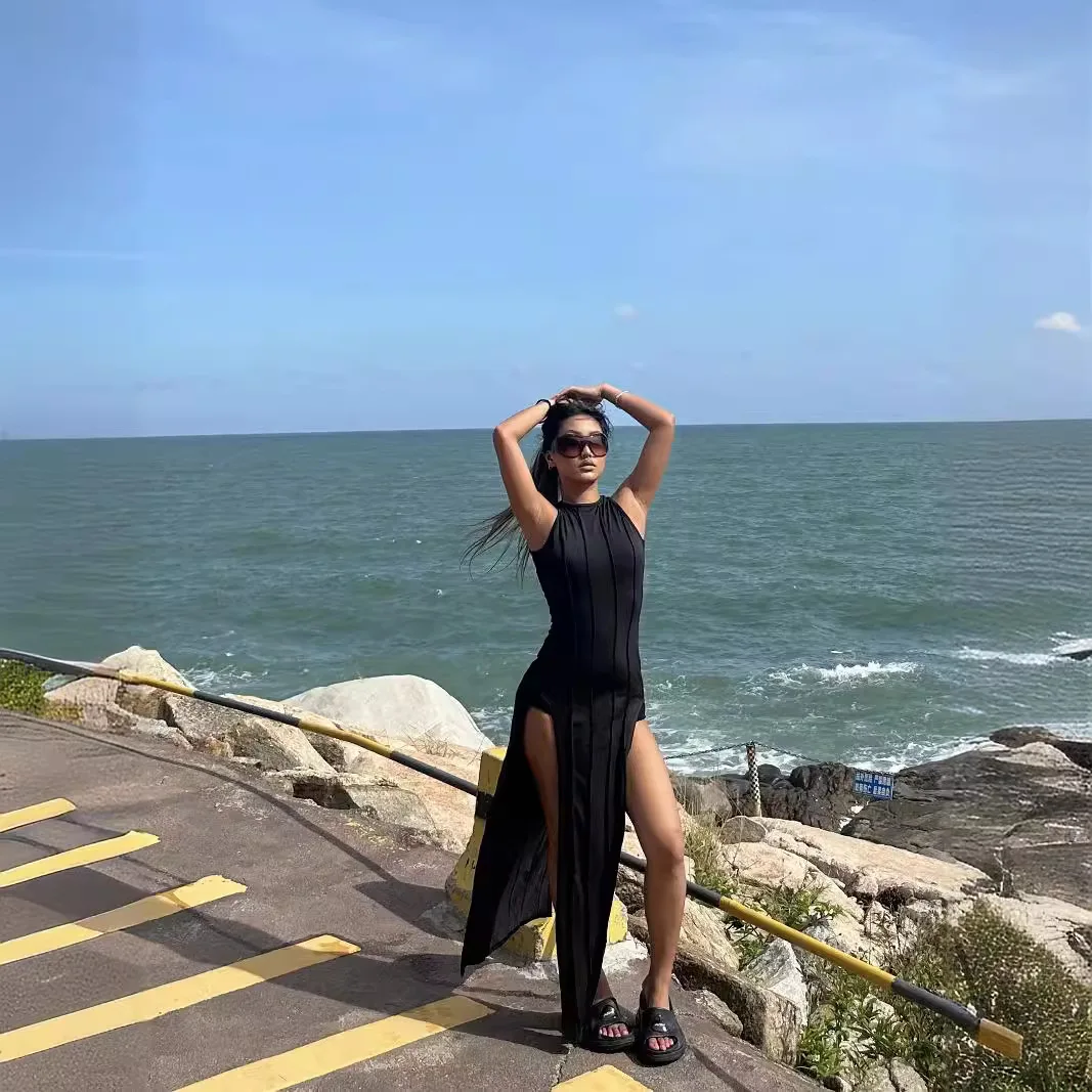 

Women's Clothing Solid Color Slim-fitting Sexy Round Neck Personalized High Split Dress Vestido Plus Size 9XL 8XL 7XL 6XL XXXXXL