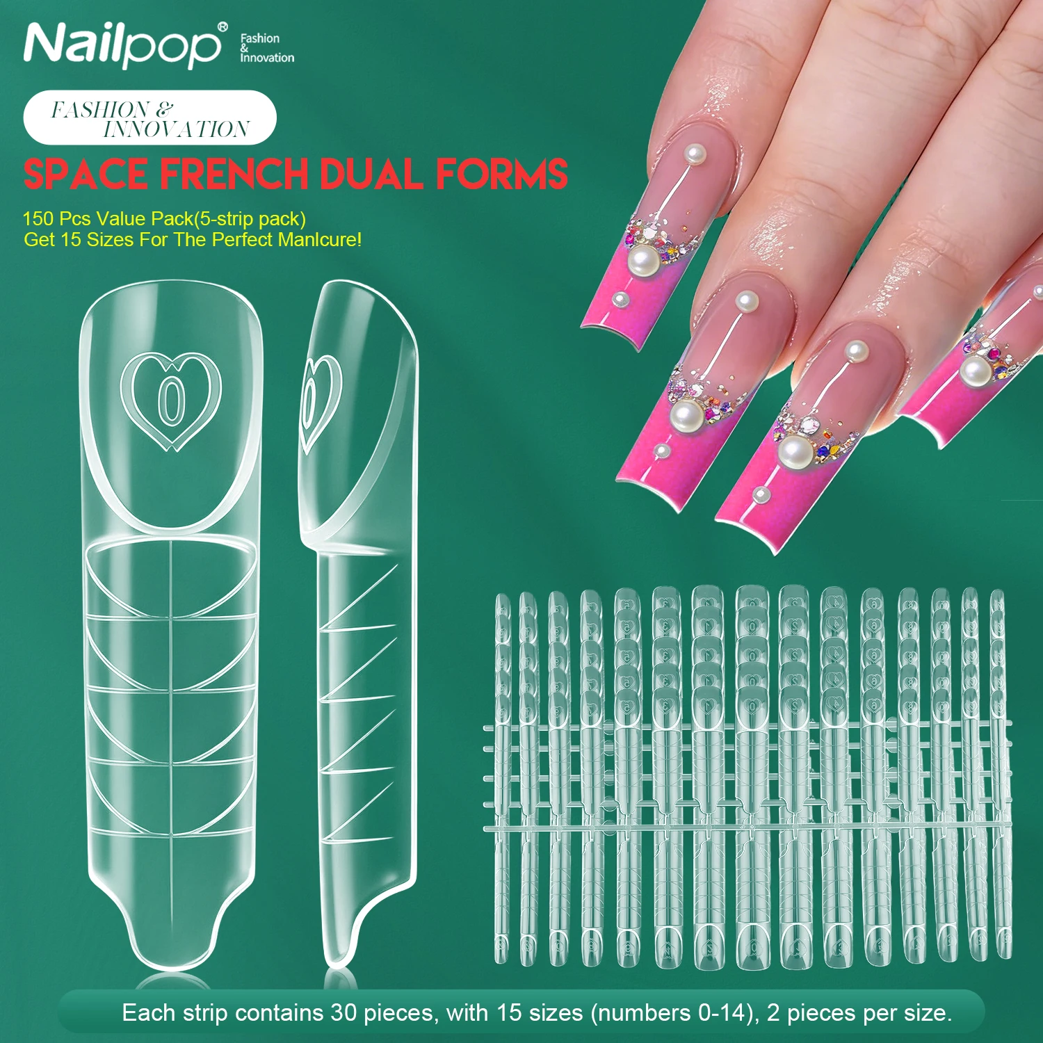 Nailpop Space French Dual Forms 15 Sizes 60/150PCS Transparen Reusable Nail Extension Gel French Tip Manicure Tool DIY Art Salon