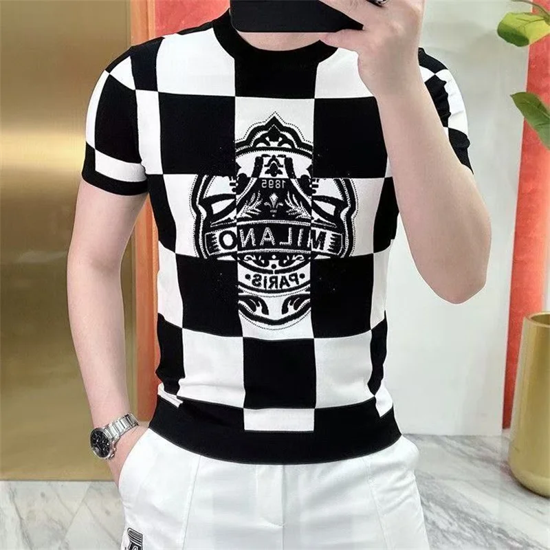 2025 Men's summer short sleeve T-shirt fashion trend round neck half sleeve black and white checkered short sleeve top