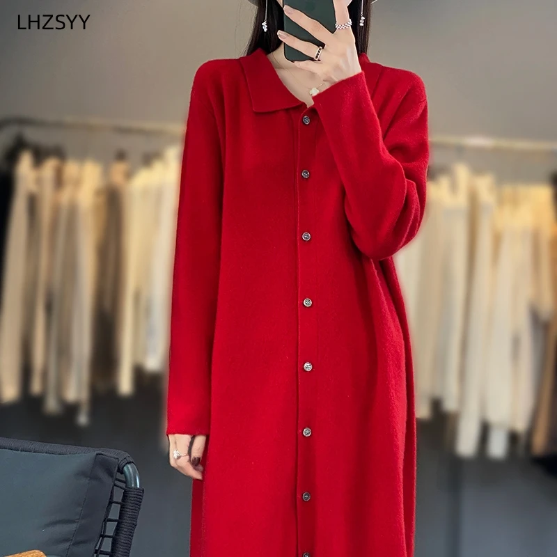 LHZSYY 23 Autumn Pure Wool Knit Cardigan Women New POLO Collar Long Coat Loose Over The Knee Cashmere Sweater Warm Ladies Jacket