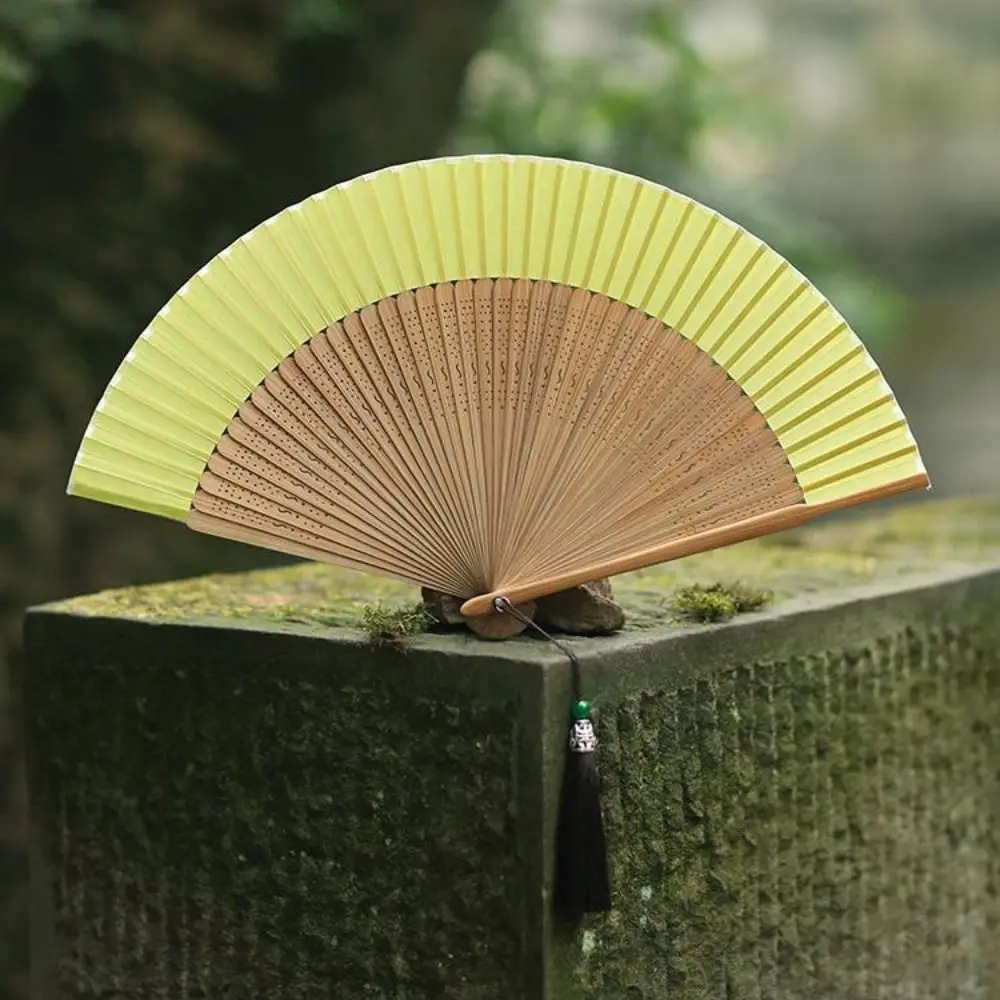 Portable Carved Handle Bamboo Folding Fan with Tassel Handhold Chinese Fan Vintage Dance Fan Ladies