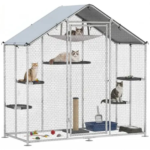 Large Catio Outdoor Cat Enclosure Chicken Coop Pointed Roof | Galvanized Steel Walk-in Cat Patio, Outdoor Kitty Cage