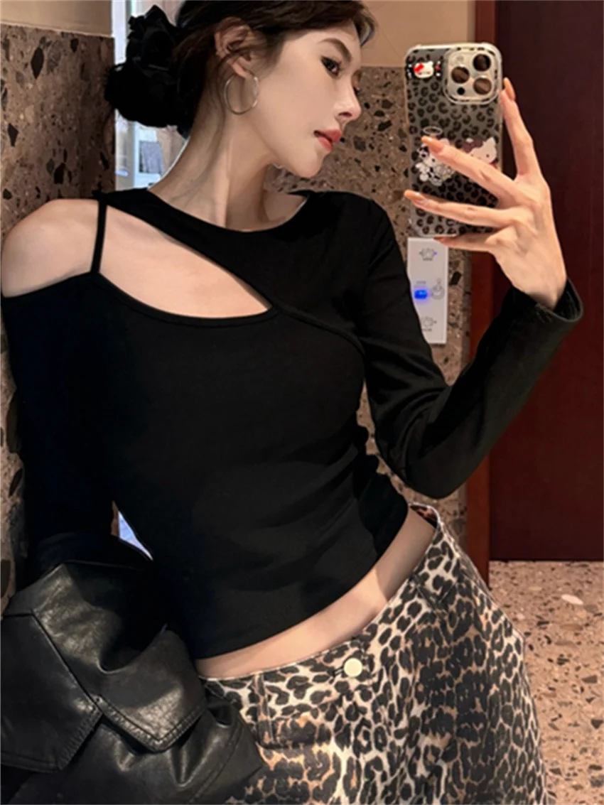 PLAMTEE Hot Girls Women Skinny Tees Chic Solid New Hollow Out Chic Autumn 2024 Sexy Off Shoulders T-Shirts High Street Casual