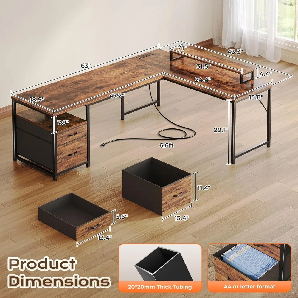 

63 Inch L Shaped Desk with Power Outlets and USB-C Port, Computer Corner Home Office Desk with File Fabric Drawers