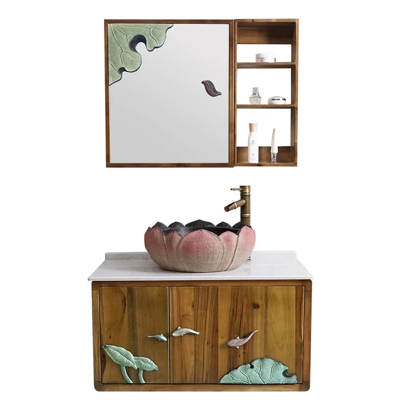 

Chinese-Style Solid Wood Bathroom Mirror Cabinet Combination Wall-Mounted Washbasin Pool Wash Basin Small Apartment Washstand