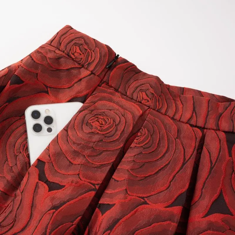 Vin rouge Floral Vintage taille haute robe de bal a-ligne jupe ample pour femmes longueur aux genoux jupes longues pour femmes vêtements mode 2025